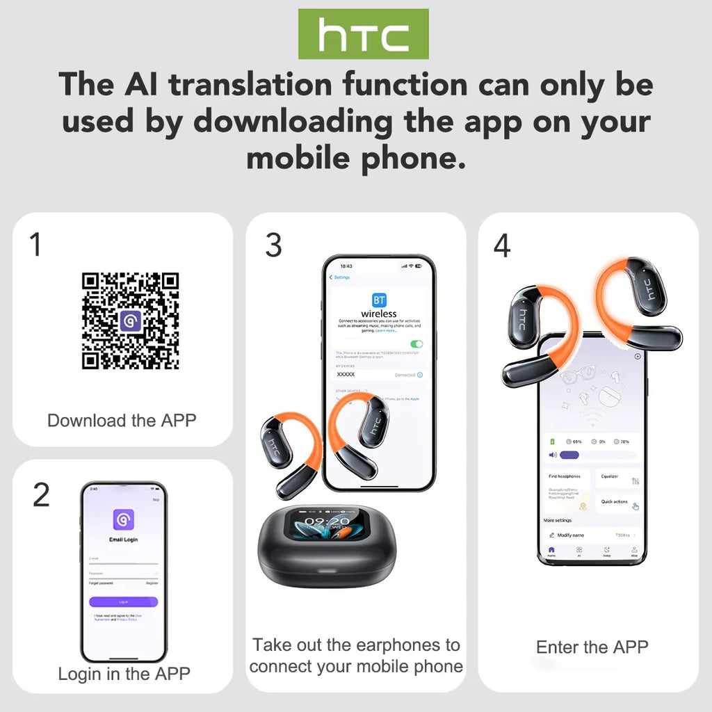 HTC NE27 Wireless Headphones AI Translator Earbuds OWS Sports Bluetooth Earphones Glowing Earhook Customizable Wallpaper Screen