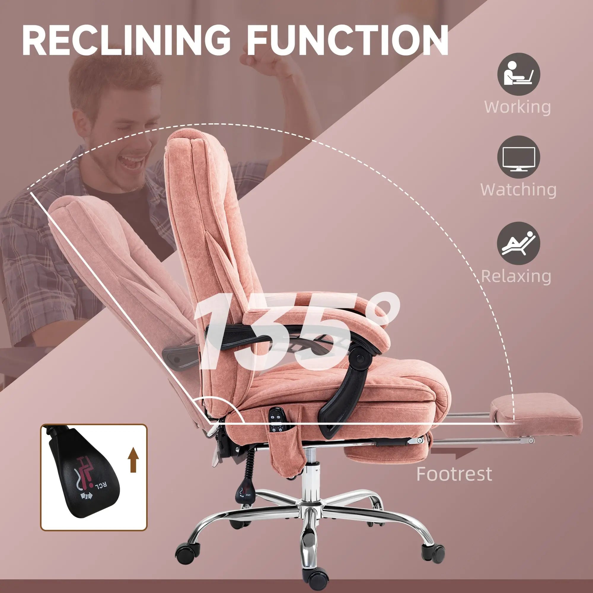 Adjustable Height and Back Pink Massage Desk Chair with 6-Point Vibrating and Heating Functions Plus Footrest