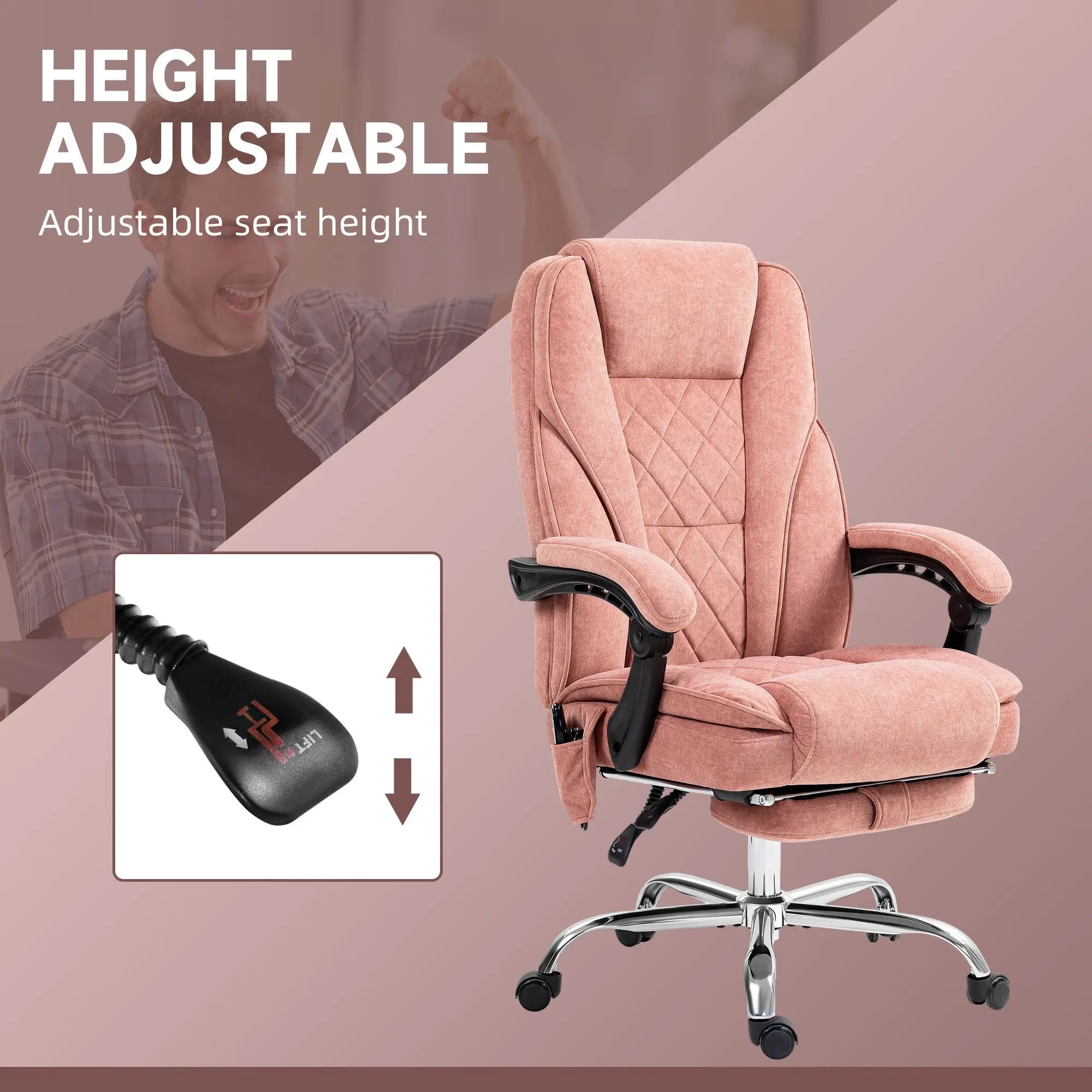 Adjustable Height and Back Pink Massage Desk Chair with 6-Point Vibrating and Heating Functions Plus Footrest
